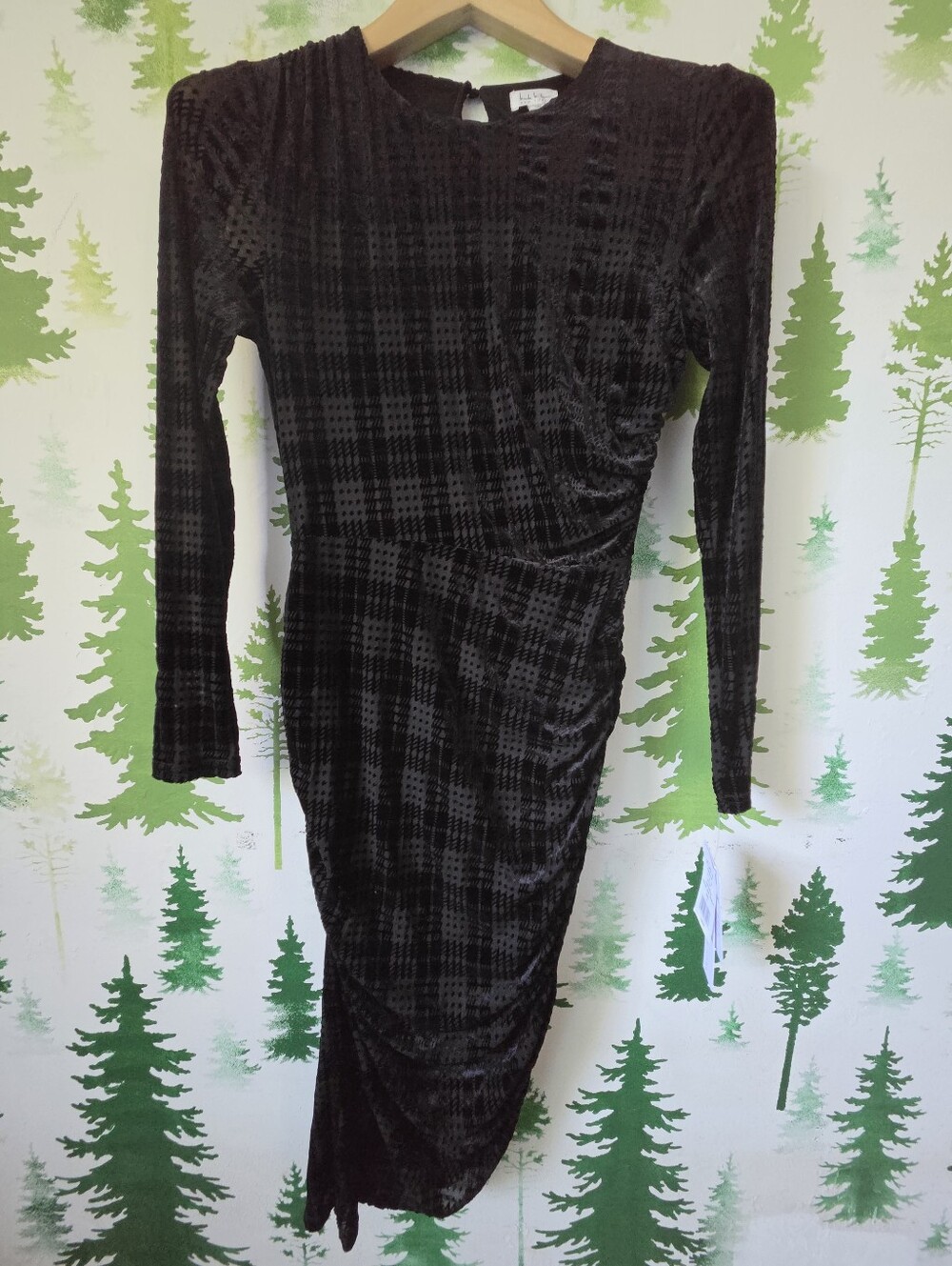 Nicole Miller Black Burnout Velvet Plaid Long Sleeve Midi Dress